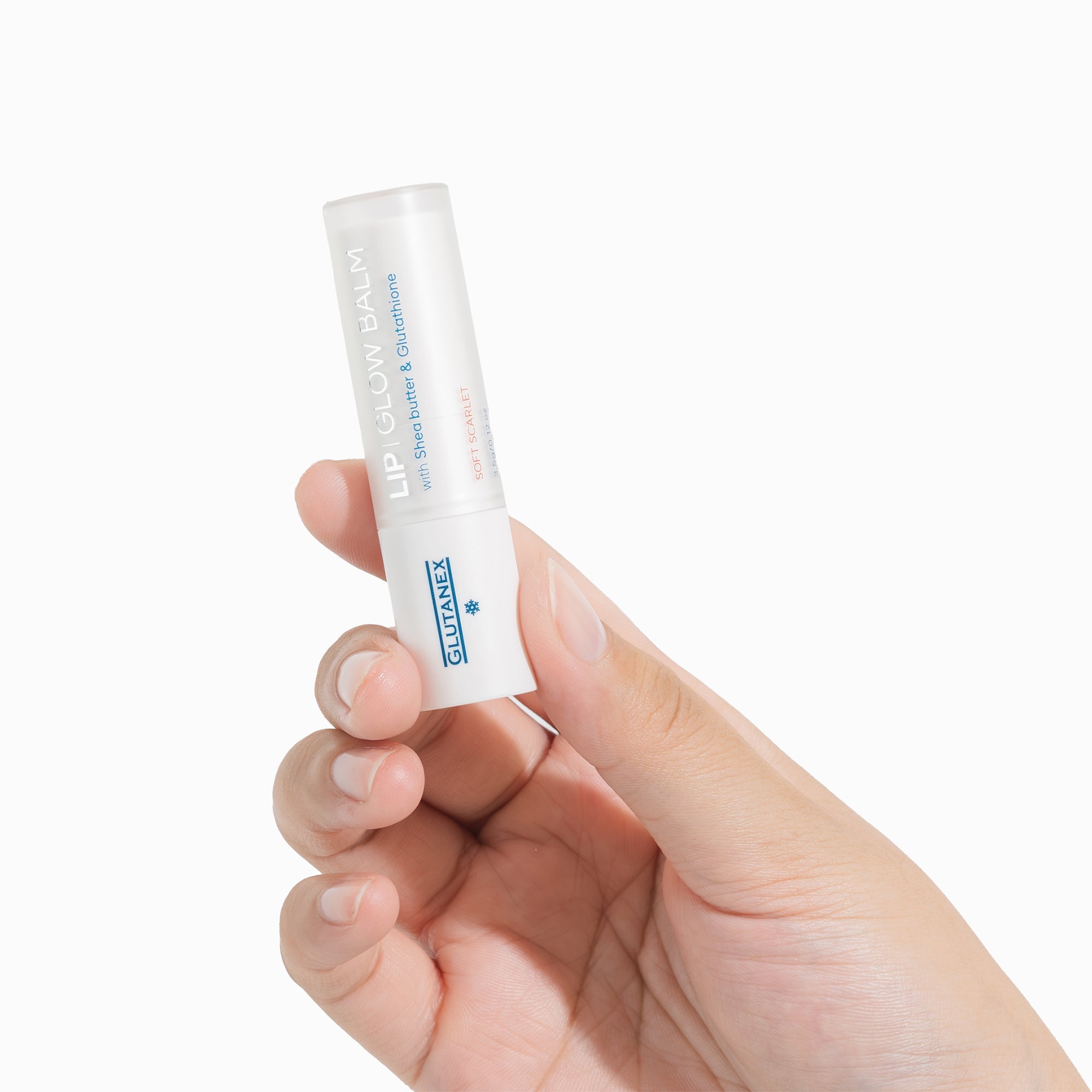 Glutanex Lip Glow Balm stick – a hydrating and nourishing lip balm with shea butter and glutathione. It provides lasting moisture and a soft scarlet glow for all-day comfort.