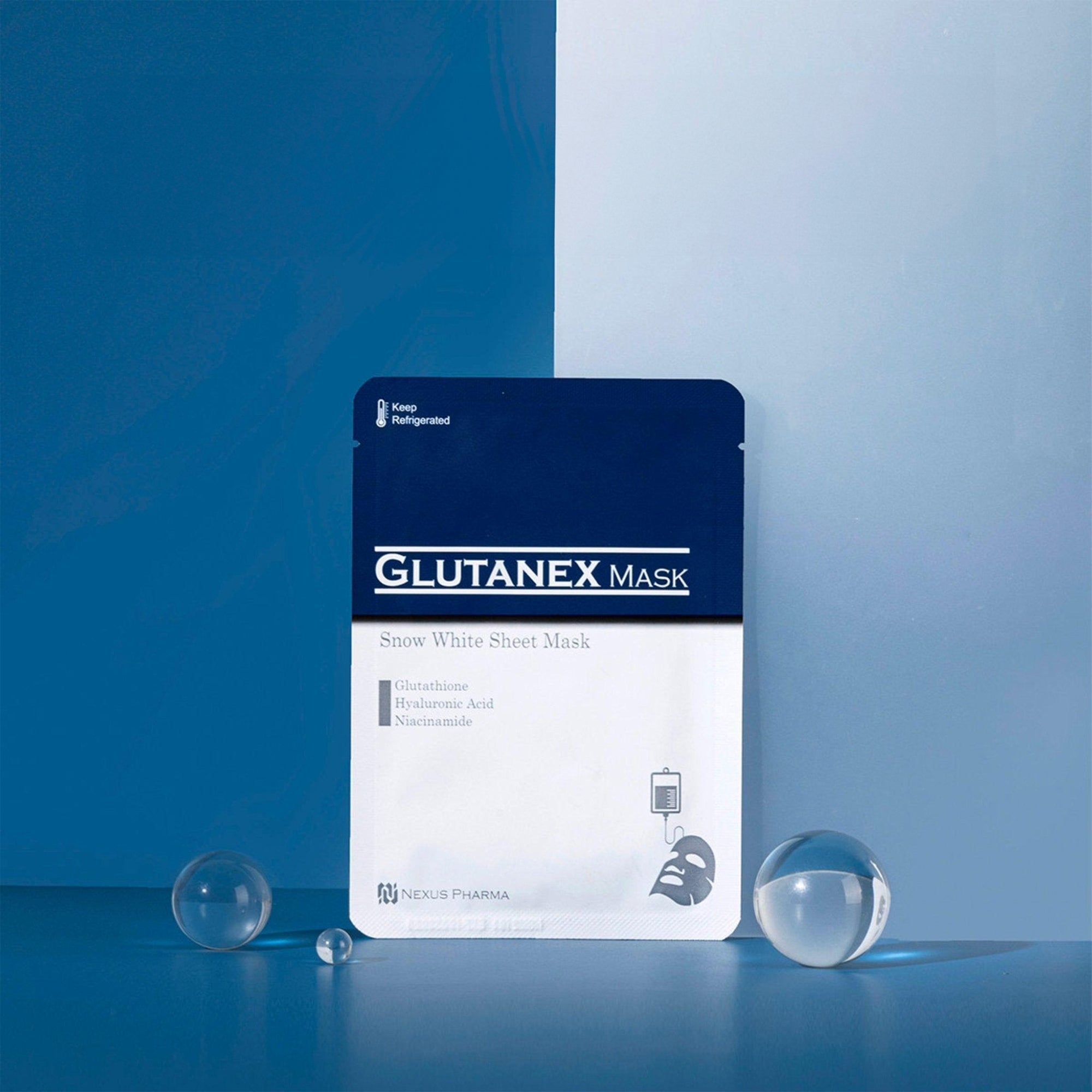 Glutanex Snow White Sheet Mask – a rejuvenating mask with glutathione, hyaluronic acid, and niacinamide for brighter, hydrated, and radiant skin.