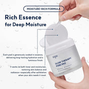 A hand holds an open white jar labeled 'Glow Therapy Pore Pad' while another hand places a translucent white cleansing pad onto a small applicator. The image includes marketing text about the moisturizing essence and water droplets on a white background.