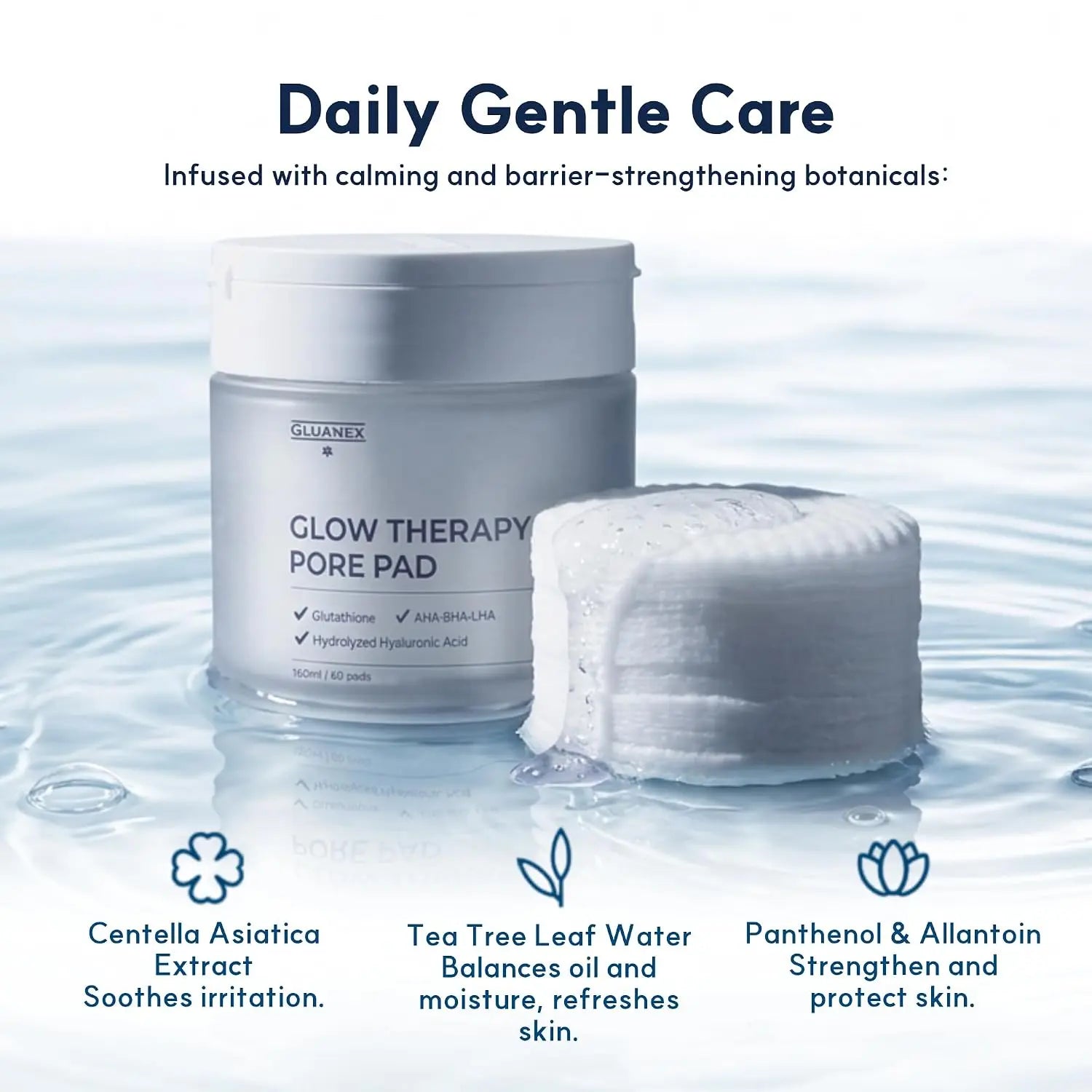 MuuNex Glow Therapy Pore Pad shown in a white jar beside a single white foam pad, with text reading 'Daily Gentle Care' and ingredient callouts over a water-like blue background.