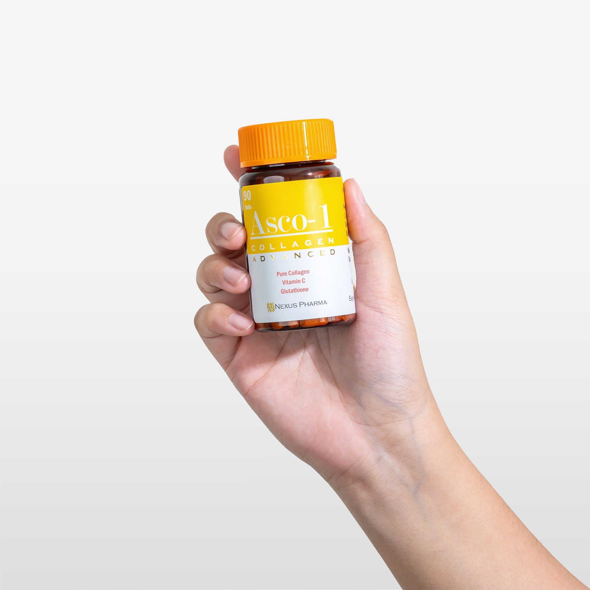 Asco-1 Collagen Advanced Tab bottle – premium tablets combining pure collagen, high-dose vitamin C, and glutathione for youthful skin, stronger hair and nails, and cellular regeneration support.