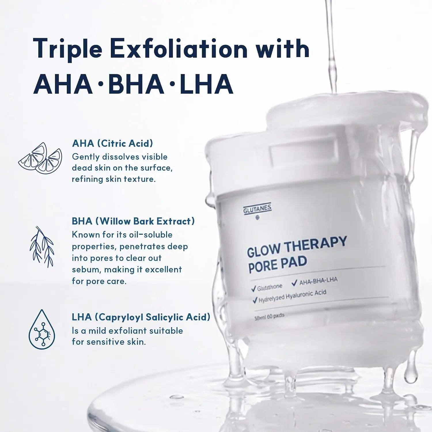 A white skincare jar labeled 'GLOW THERAPY PORE PAD' by SUGARFINS, shown with dripping clear liquid on a white background, alongside marketing text about AHA, BHA, and LHA exfoliating benefits.