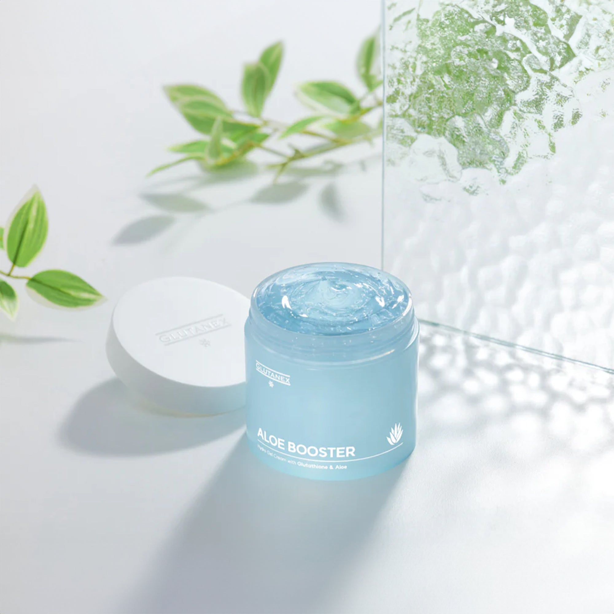 Glutanex Aloe Booster – soothing and moisturizing facial gel with aloe vera, glutathione, and hyaluronic acid for bright, calm, and healthy skin.