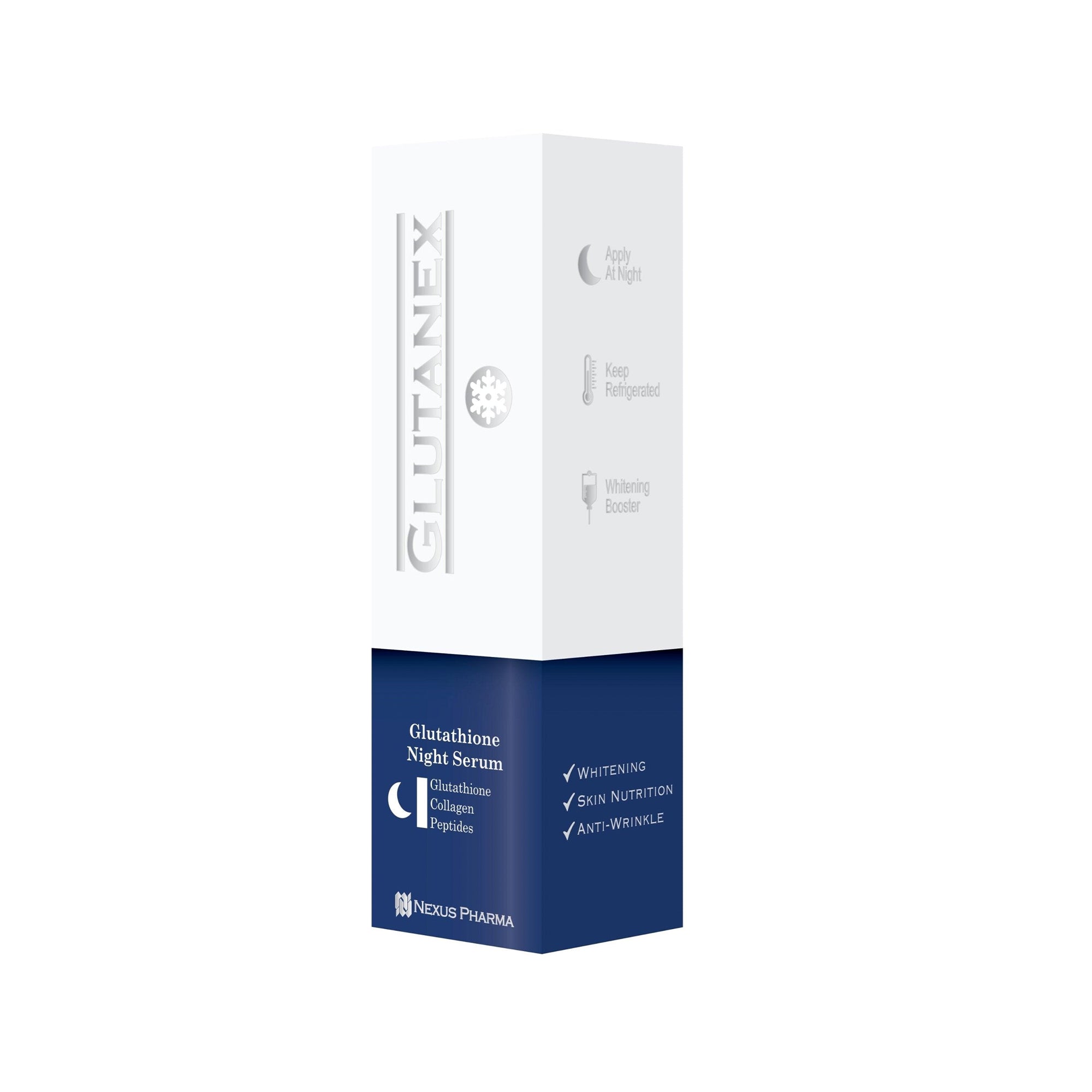 Glutanex Night Serum bottle – restoring and brightening facial serum with glutathione, collagen, and peptides for overnight skin repair.