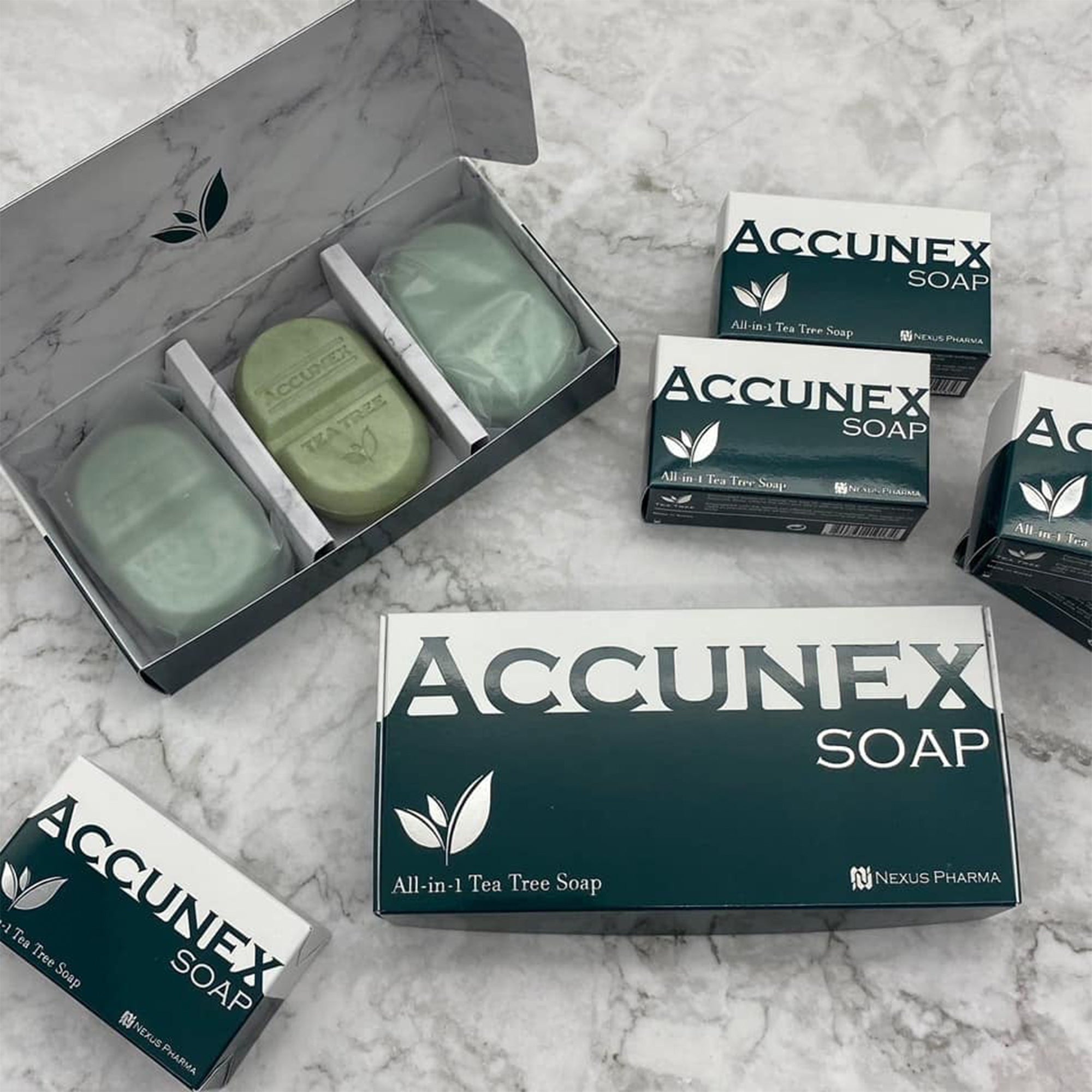 Accunex Soap bar – an anti-acne facial and body cleanser with natural tea tree oil and salicylic acid, designed to clear blemishes and prevent breakouts.