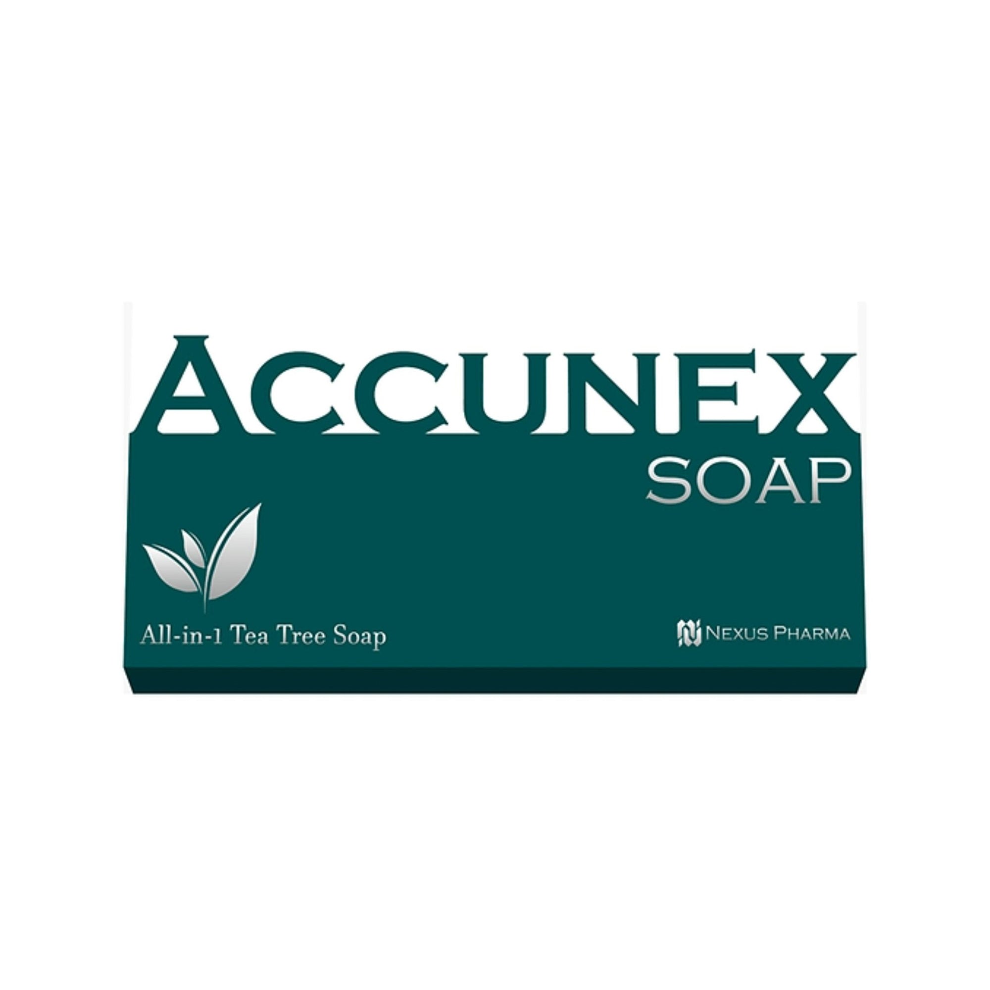 Accunex Soap bar – an anti-acne facial and body cleanser with natural tea tree oil and salicylic acid, designed to clear blemishes and prevent breakouts.