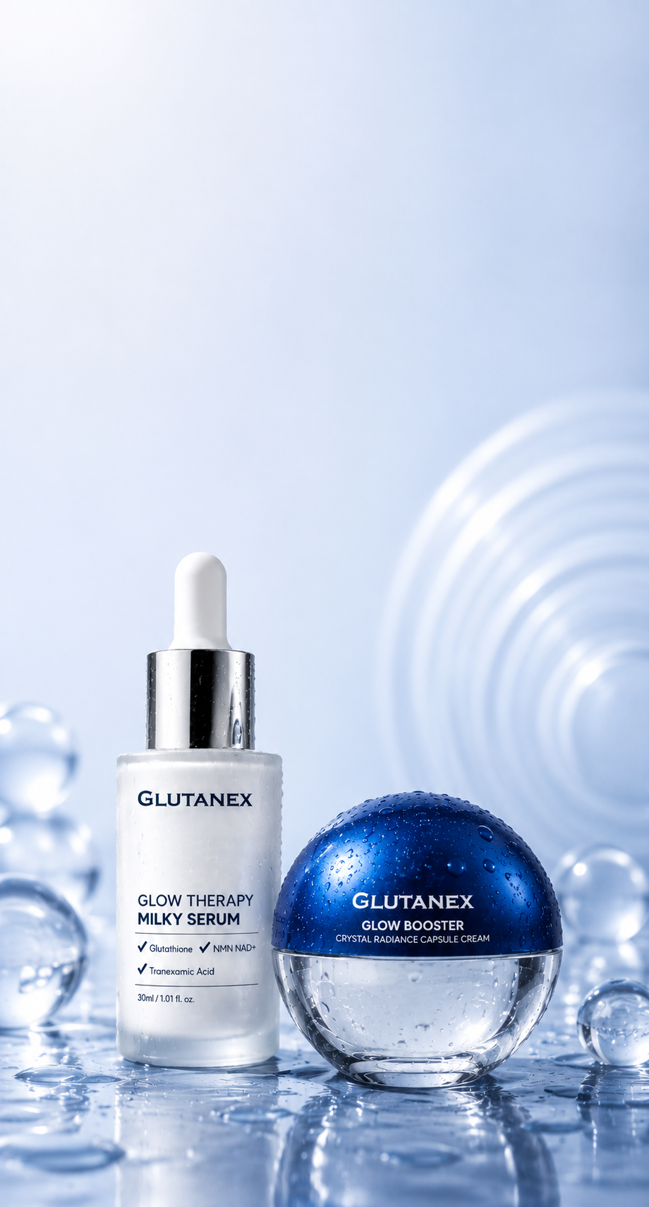Glutanex skincare set featuring a white bottle of Glow Therapy Milky Serum with a silver dropper and a blue spherical Glutanex Glow Booster jar, set against a light blue water-textured background.