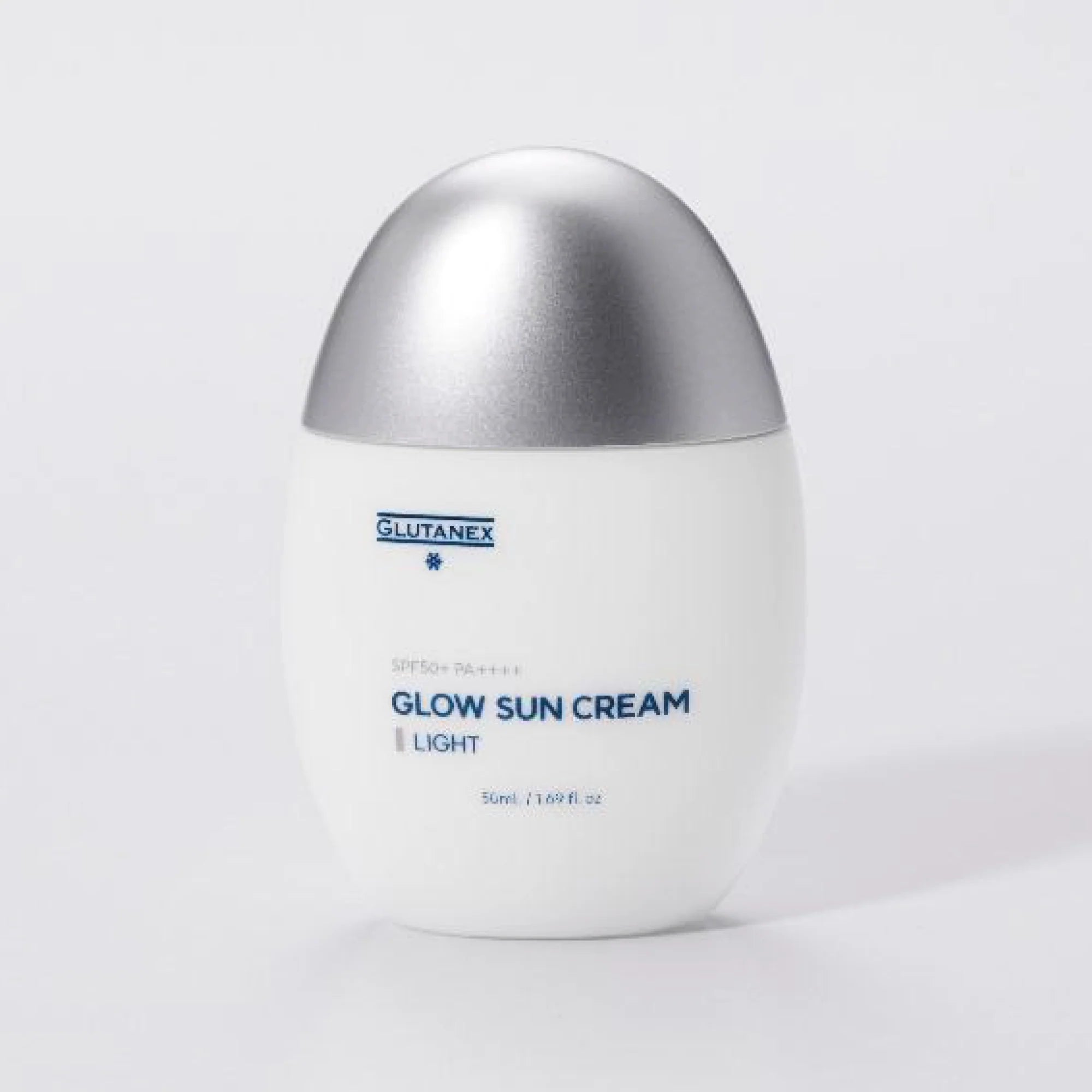 Glutanex Glow Sun Cream Light bottle – brightening and cooling Korean facial sunscreen SPF 50+ PA++++ with 50,000 ppm liposomal glutathione to brighten dark spots, provide a natural glow, and offer comprehensive UV protection.