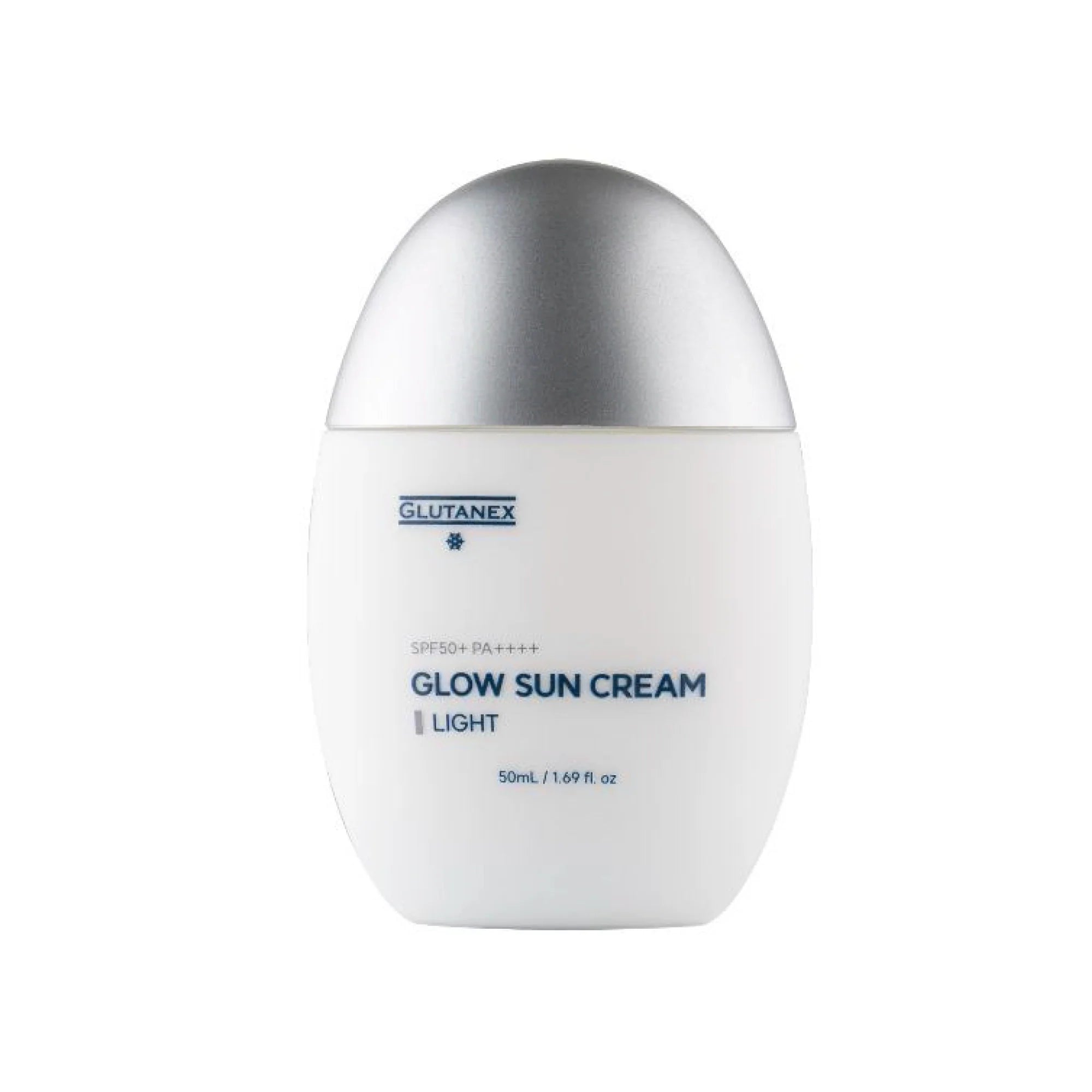 Glutanex Glow Sun Cream Light bottle – brightening and cooling Korean facial sunscreen SPF 50+ PA++++ with 50,000 ppm liposomal glutathione to brighten dark spots, provide a natural glow, and offer comprehensive UV protection.