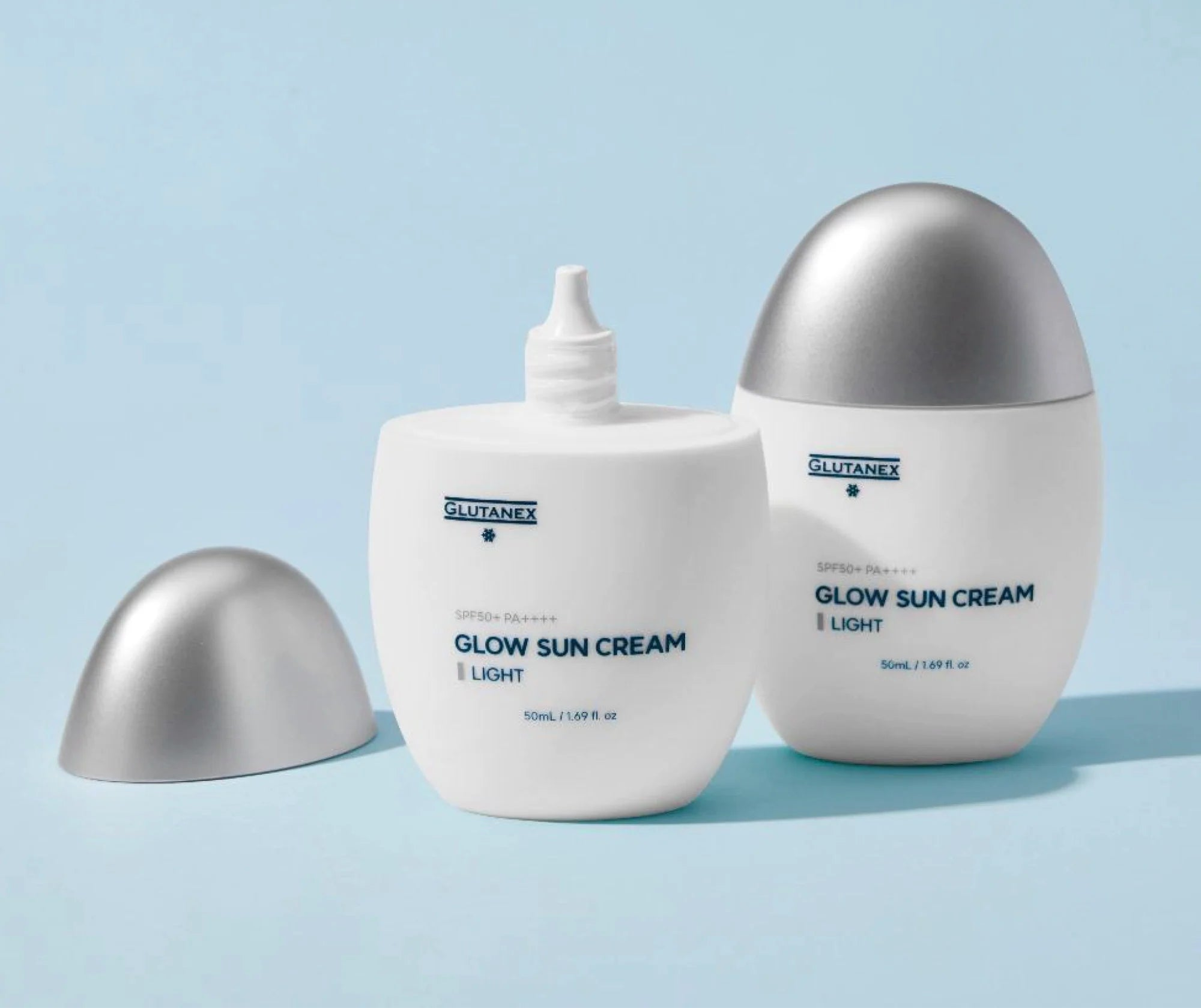 Glutanex Glow Sun Cream Light bottle – brightening and cooling Korean facial sunscreen SPF 50+ PA++++ with 50,000 ppm liposomal glutathione to brighten dark spots, provide a natural glow, and offer comprehensive UV protection.