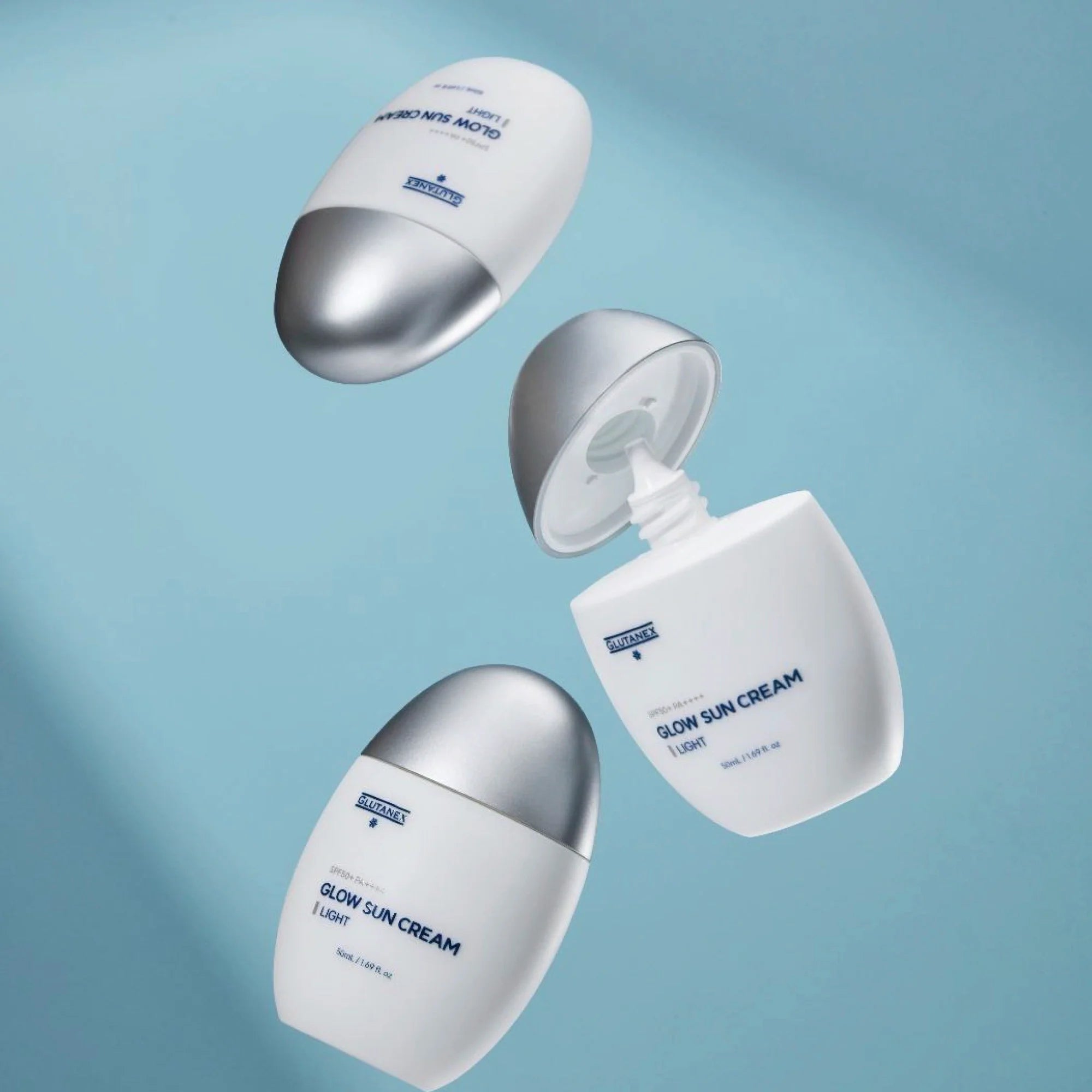 Glutanex Glow Sun Cream Light bottle – brightening and cooling Korean facial sunscreen SPF 50+ PA++++ with 50,000 ppm liposomal glutathione to brighten dark spots, provide a natural glow, and offer comprehensive UV protection.