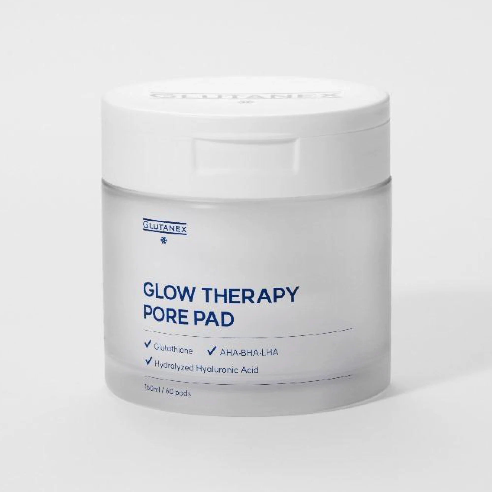 Glutanex Glow Therapy Pore Pad jar with pads and tweezers – brightening and moisturizing Korean toner pads with glutathione and triple hyaluronic acid for hydration. Formulated with AHA, BHA, and LHA to gently exfoliate dead skin and impurities, improving skin texture without irritation.