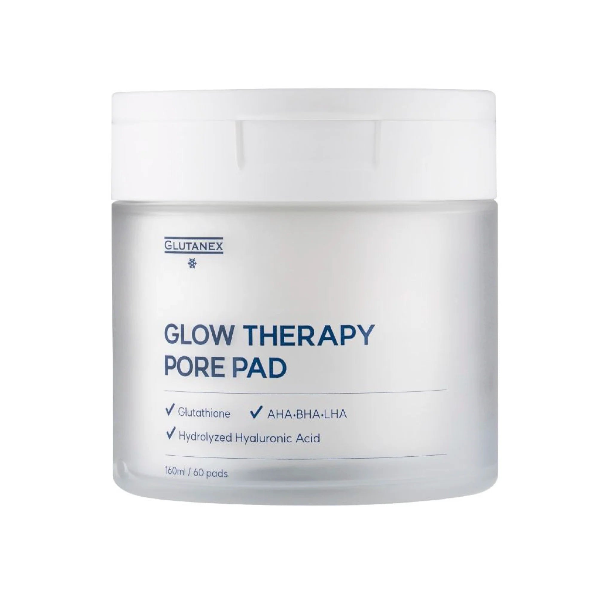Glutanex Glow Therapy Pore Pad jar with pads and tweezers – brightening and moisturizing Korean toner pads with glutathione and triple hyaluronic acid for hydration. Formulated with AHA, BHA, and LHA to gently exfoliate dead skin and impurities, improving skin texture without irritation.