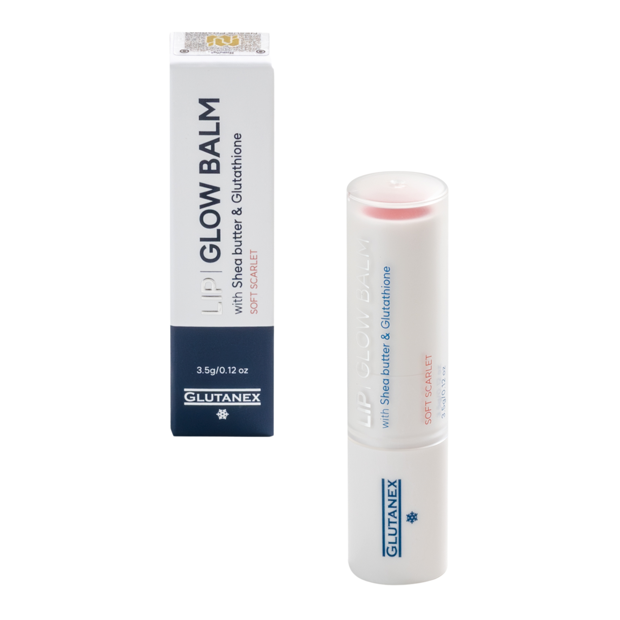 Glutanex Lip Glow Balm stick – a hydrating and nourishing lip balm with shea butter and glutathione. It provides lasting moisture and a soft scarlet glow for all-day comfort.