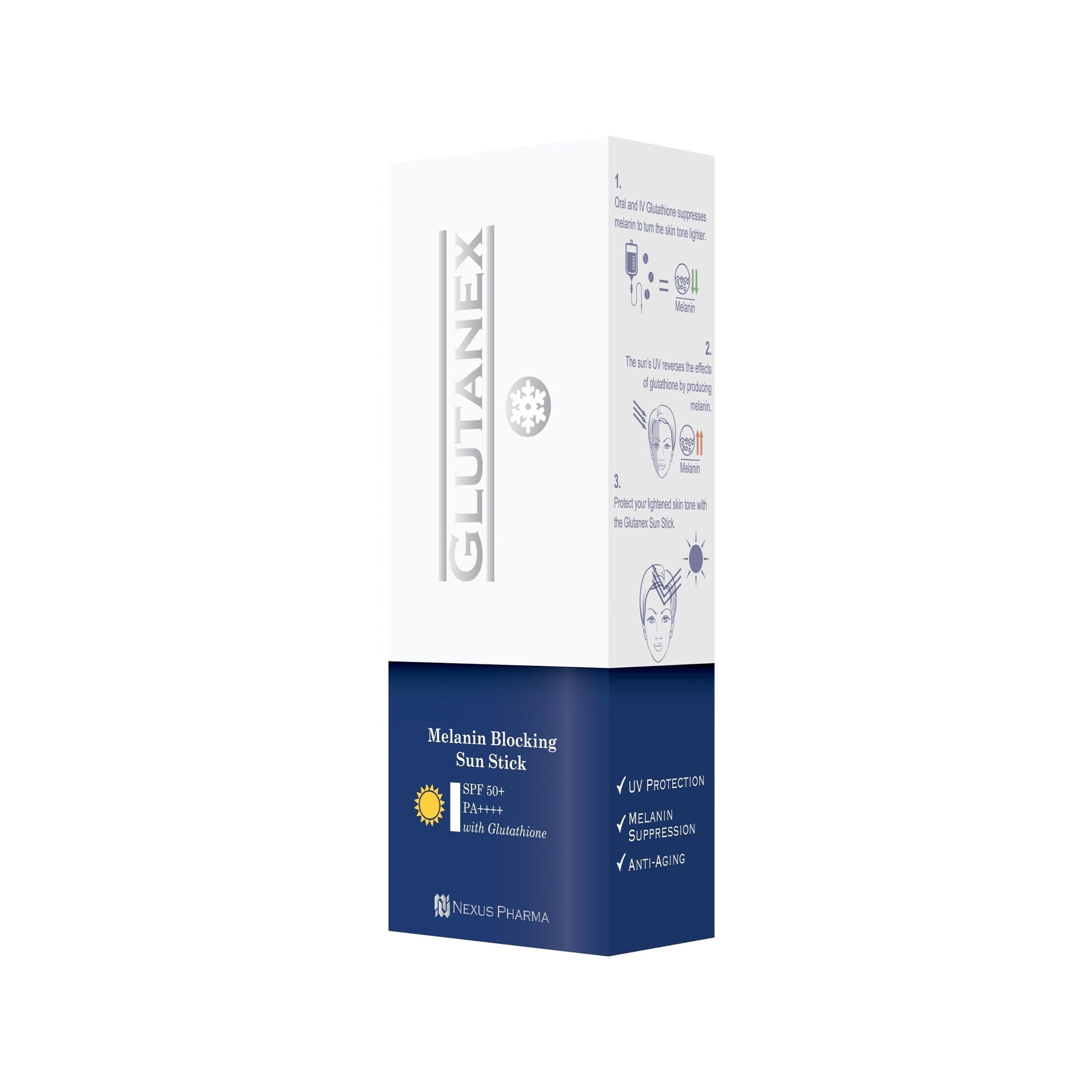 Glutanex Melanin Sun Blocking Stick – a sun protection stick with glutathione for face and body, blocking melanin, safeguarding skin tone, and providing UV defense.