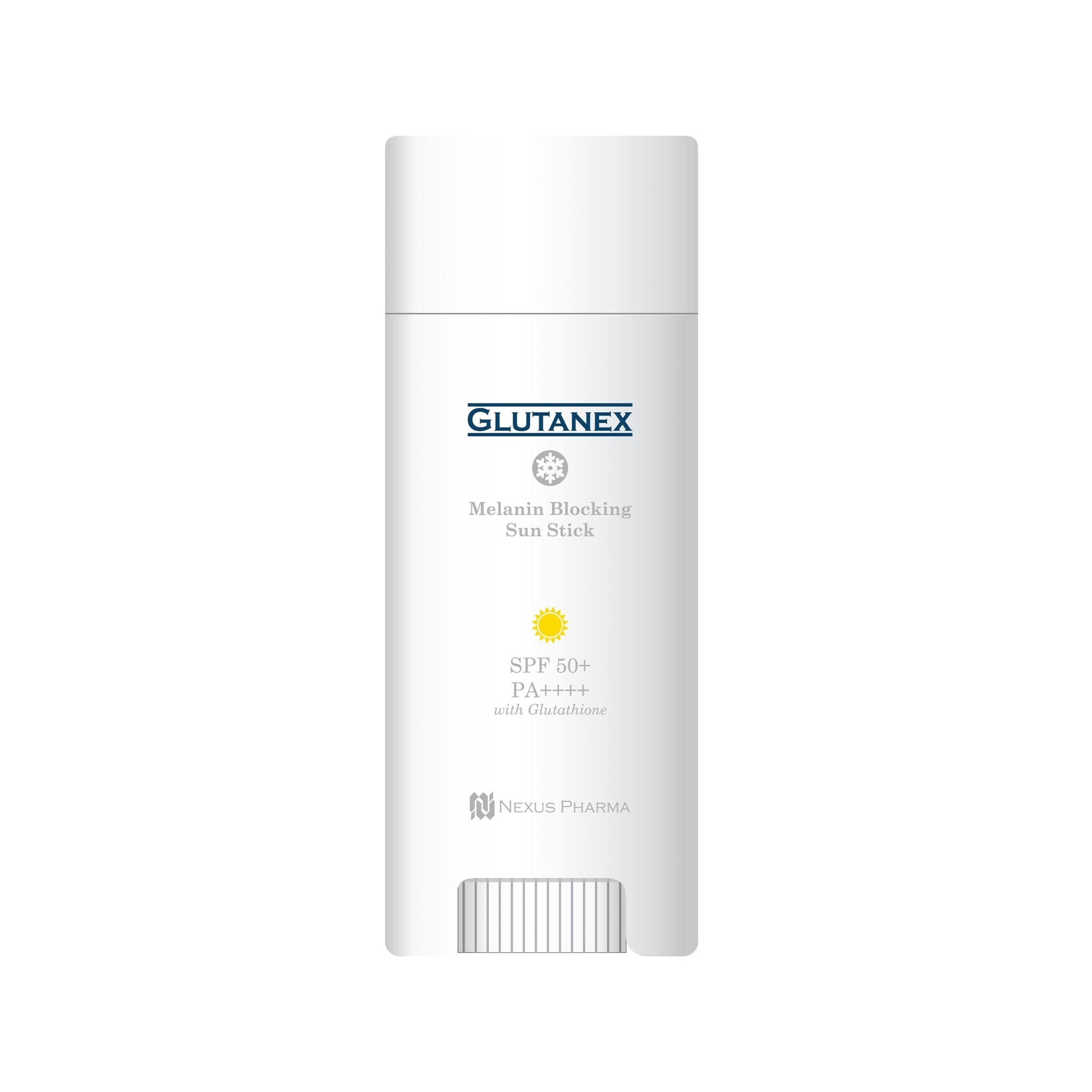 Glutanex Melanin Sun Blocking Stick – a sun protection stick with glutathione for face and body, blocking melanin, safeguarding skin tone, and providing UV defense.
