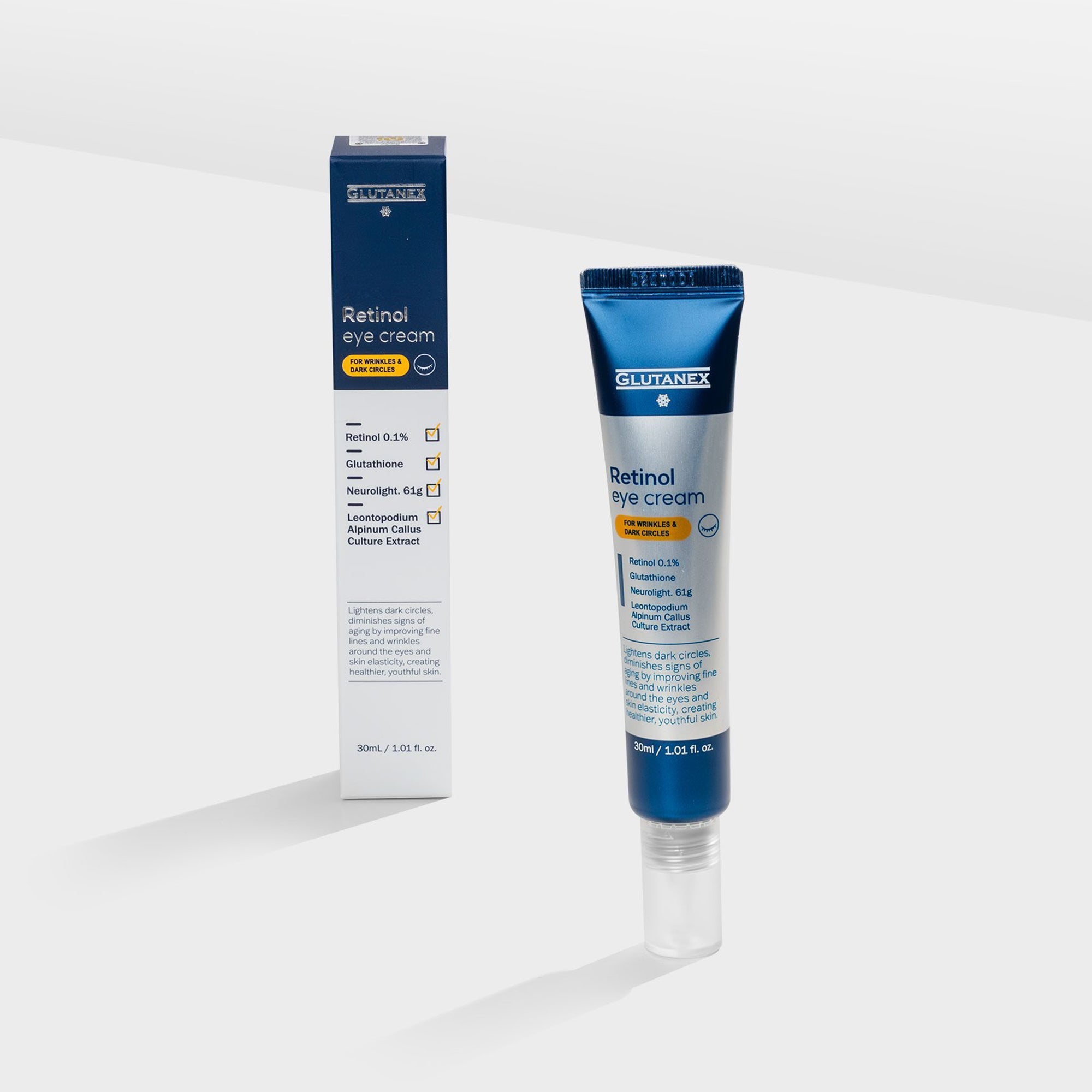 Glutanex Retinol Eye Cream tube – a powerful eye cream with Retinol and Glutathione, designed to reduce wrinkles and dark circles for youthful, radiant eyes.