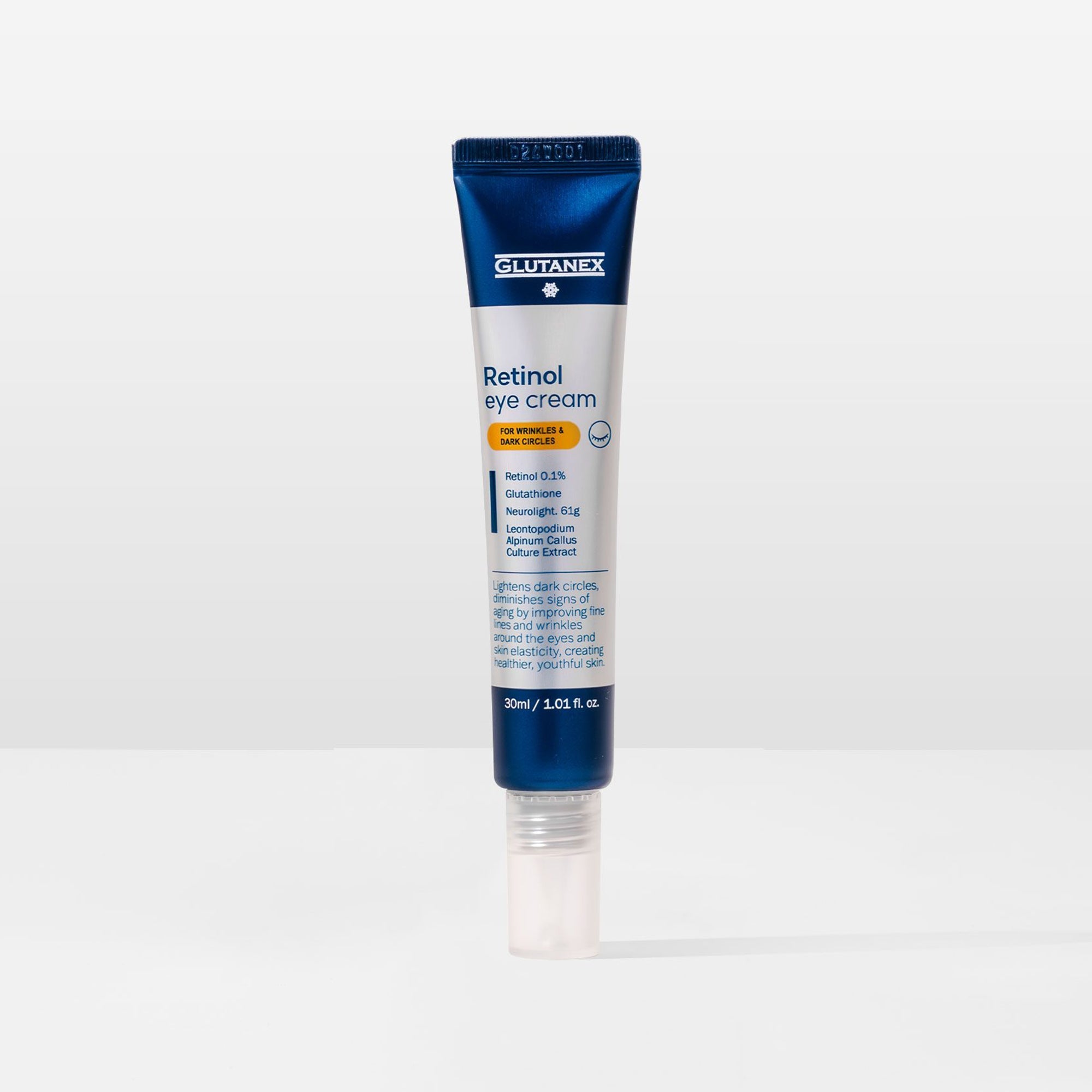 Glutanex Retinol Eye Cream tube – a powerful eye cream with Retinol and Glutathione, designed to reduce wrinkles and dark circles for youthful, radiant eyes.