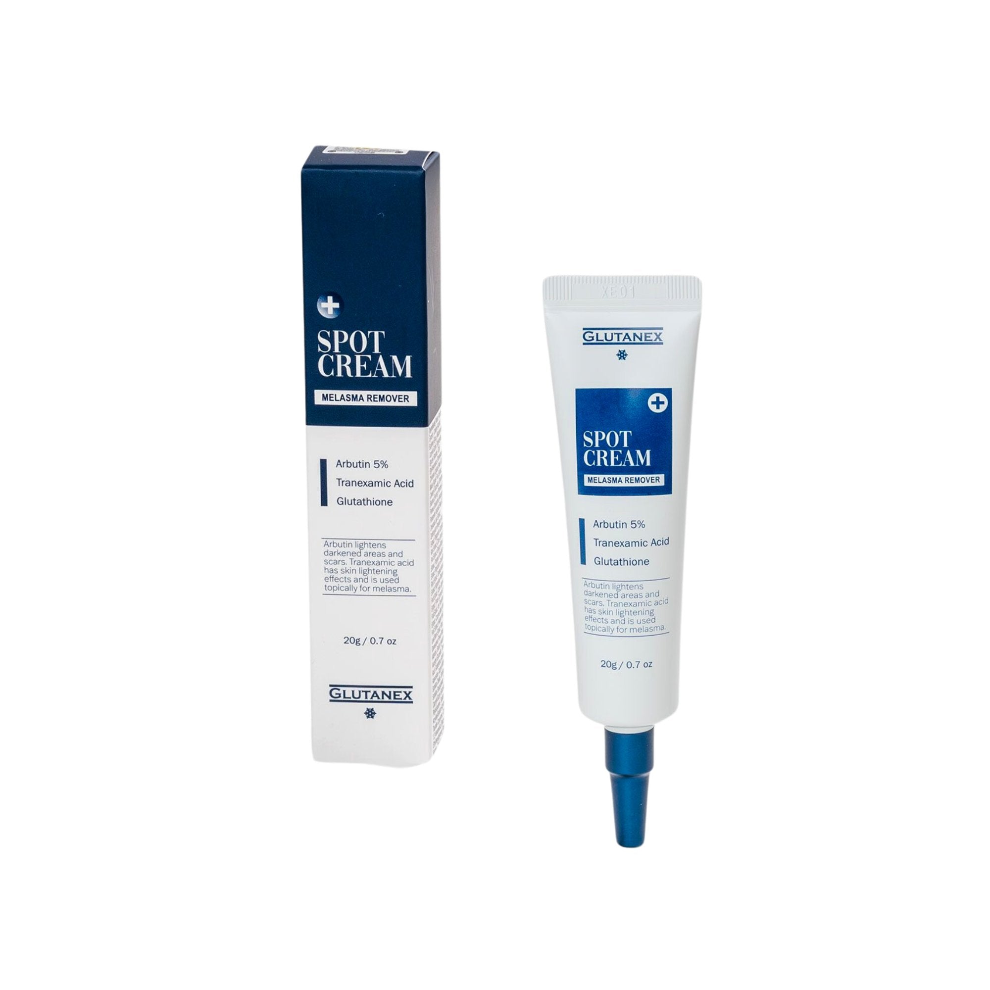 Glutanex Spot Cream tube – a daily whitening cream with Arbutin and Tranexamic acid, targeting dark spots, scars, and melasma for a brighter, even skin tone.
