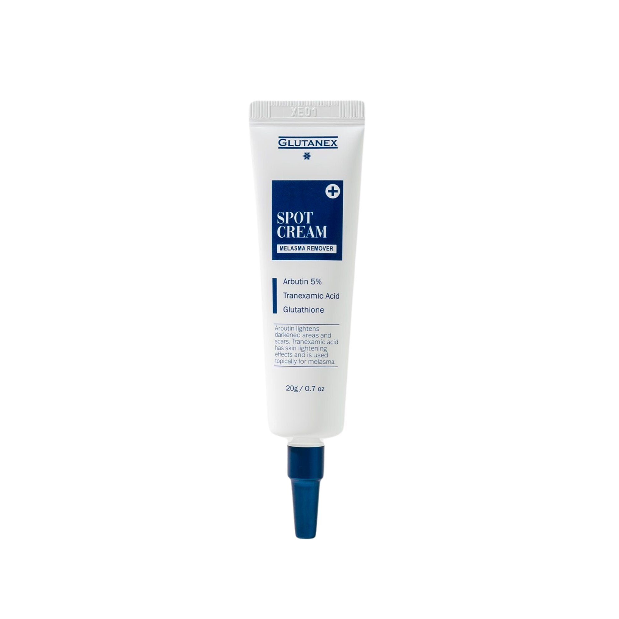 Glutanex Spot Cream tube – a daily whitening cream with Arbutin and Tranexamic acid, targeting dark spots, scars, and melasma for a brighter, even skin tone.